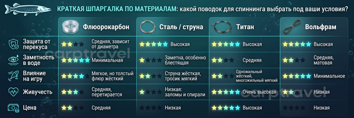 Четыре основных материала для спиннинговых поводков: внешне похожи, в работе ведут себя совсем по-разному. Четыре основных материала для спиннинговых поводков: внешне похожи, в работе ведут себя совсем по-разному.