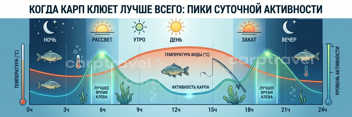 Когда карп клюёт лучше всего: суточные пики активности