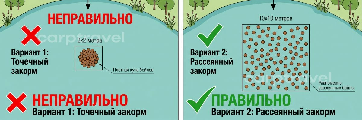 Правильный закорм карпа — это рассредоточенное пятно, а не компактная куча Правильный закорм карпа — это рассредоточенное пятно, а не компактная куча